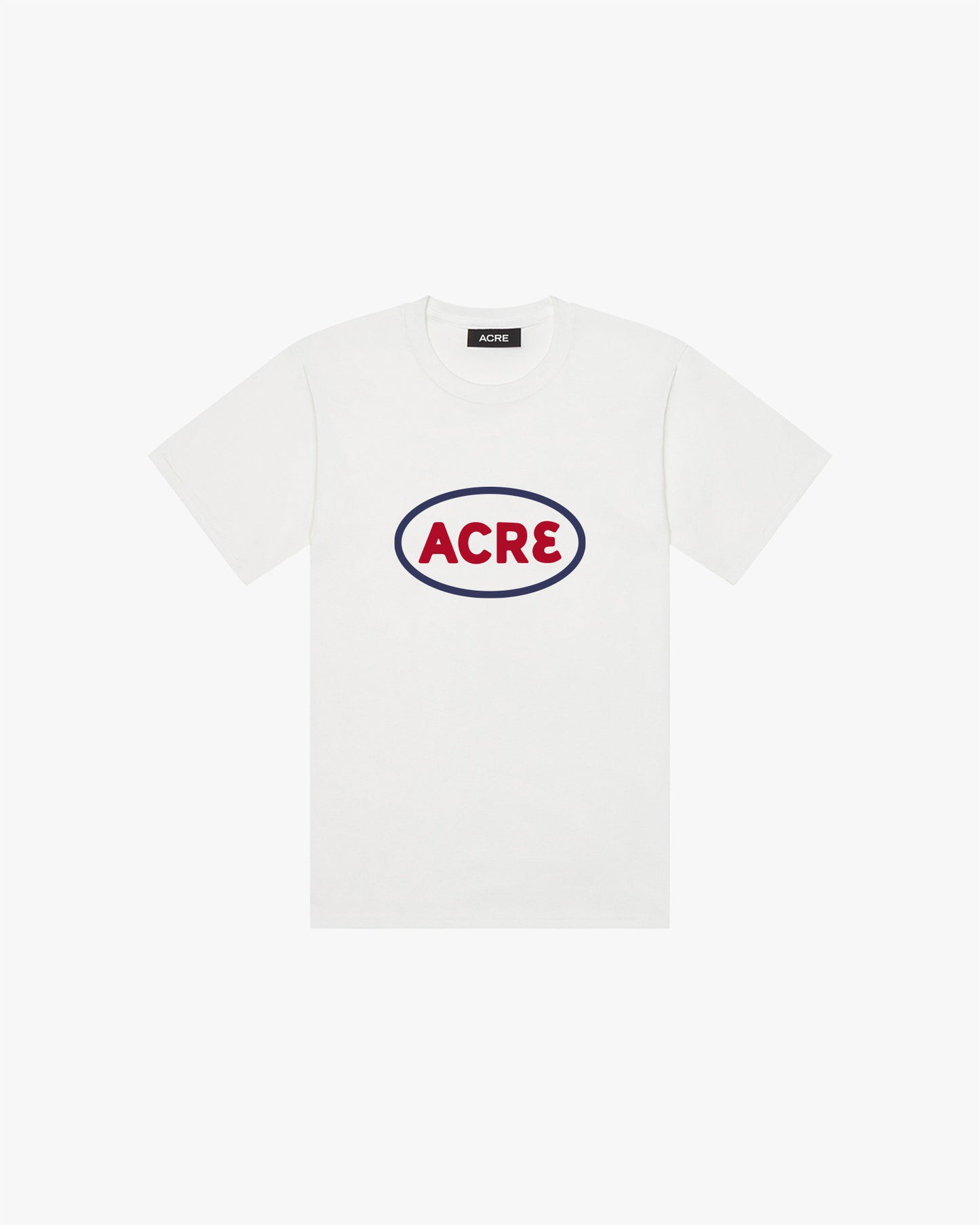 A white t-shirt with "Acre" printed on the chest in red around a blue oval.