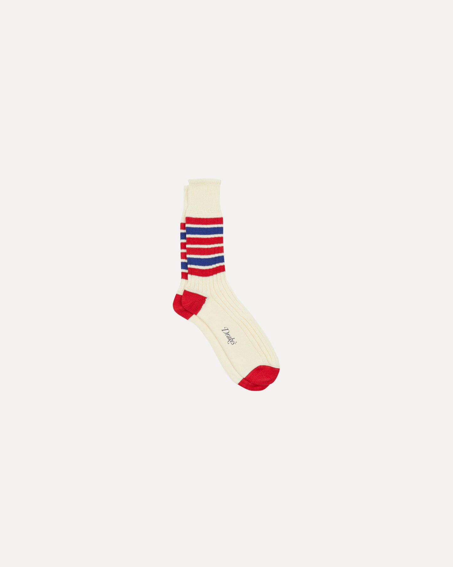 Drakes - Ecru and Red Striped Cotton Sports Sock