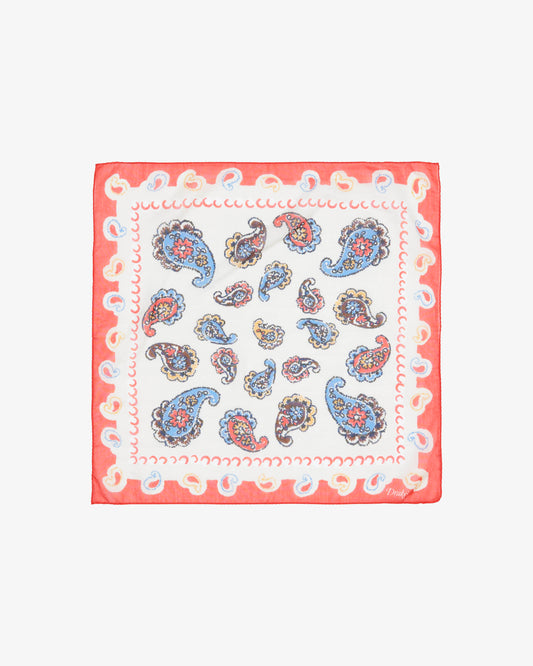 Drakes - Beige and Red Summer Paisley Print Cotton-Silk Pocket Square