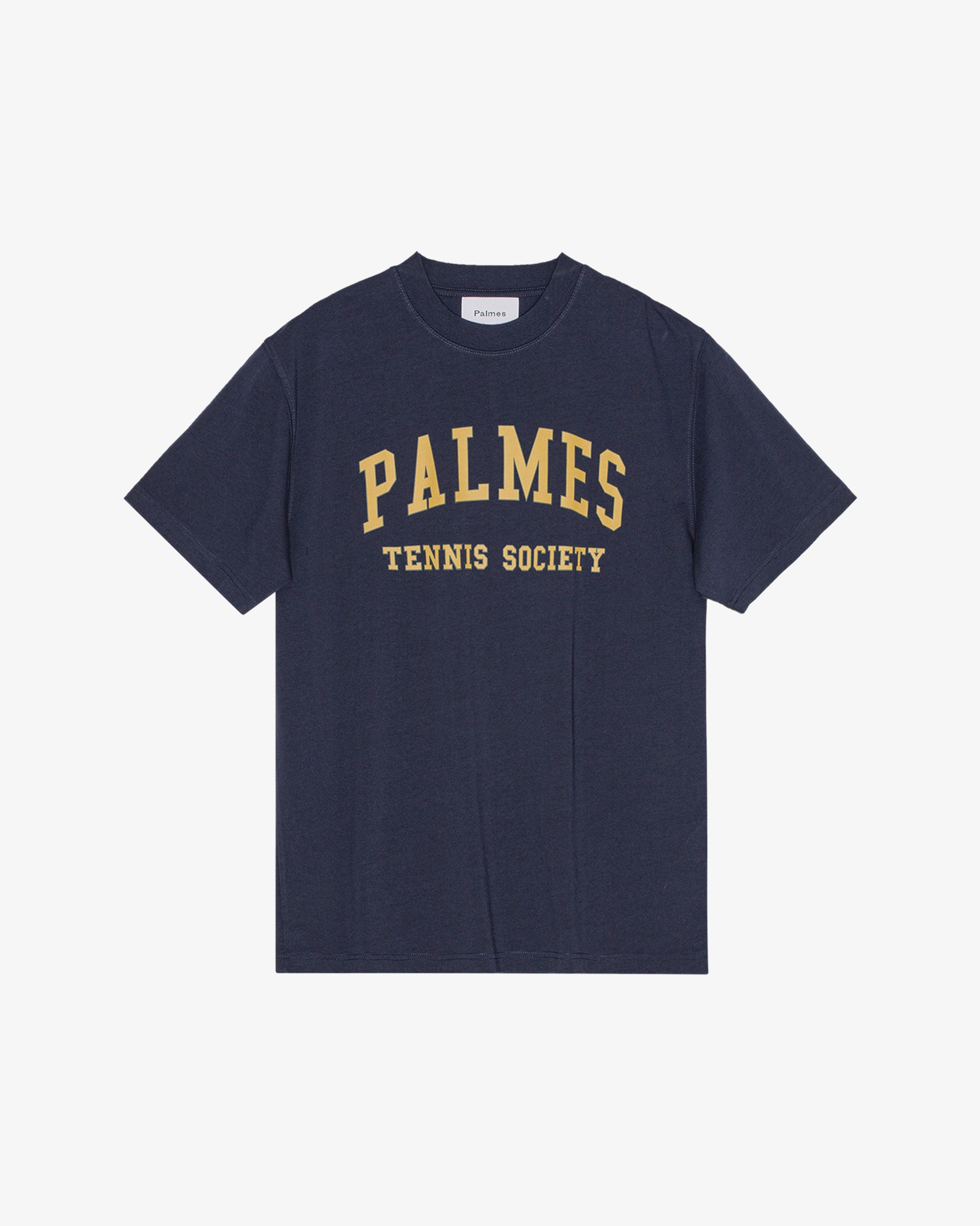 Palmes Tennis Society T-Shirt in Navy with Yellow Print - A stylish and comfortable cotton tee featuring the Palmes Tennis Society logo in bold yellow lettering on a classic navy background.